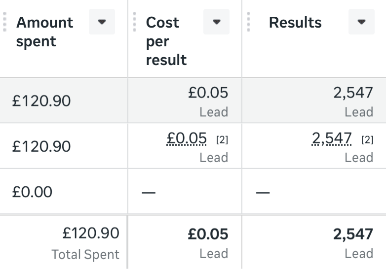 Meta Ads Manager showing £0.05 cost per lead, 2547 leads from £120